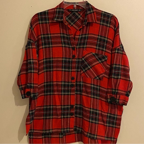 Zara Basic Tunic Plaid Size XS Red Plaid Button Up LagenLook Sleeves Pocket - Picture 1 of 9